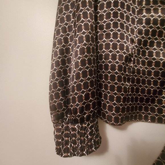 BANANA REPUBLIC Black Satin Print Blouse Fitted Button Down Tie Up Neckline MED - Picture 3 of 8